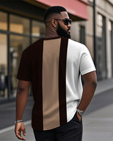 Men's Plus Size Daily Casual Brown Colorblock Stripe Print Henley Collar Button Short Sleeve T-Shirt